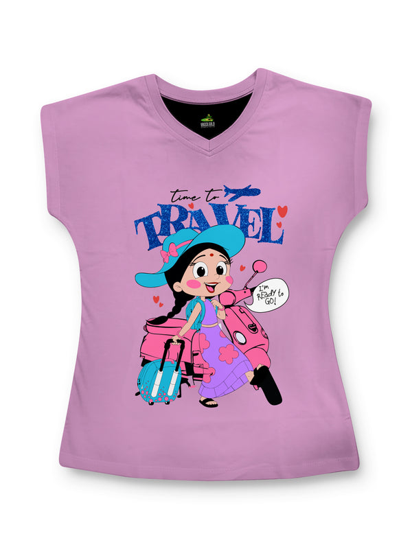 “Chutki Travel” Women’s V-Neck Orchid Pink & Black T-Shirt