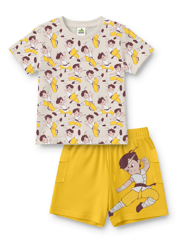 KUNG FU DHAMAKA HEROIC AOP T-Shirt with Shorts - Butter / Gold