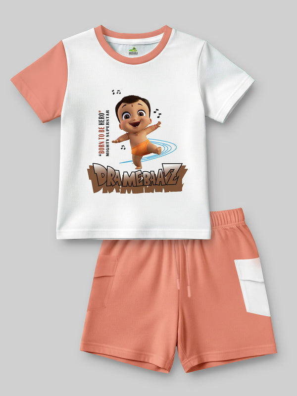 Mighty Little Bheem DRAMEBAZZ Kids Clothing Set – Off White T-Shirt with Peach Shorts