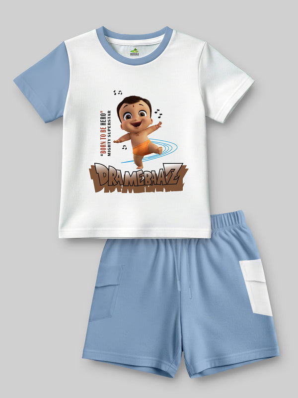 Mighty Little Bheem DRAMEBAZZ Kids Clothing Set – Off White T-Shirt with Surf Blue Shorts
